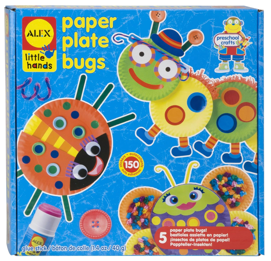Box of Alex Little Hands paper plate bugs craft kit with colorful illustrations on a blue background.