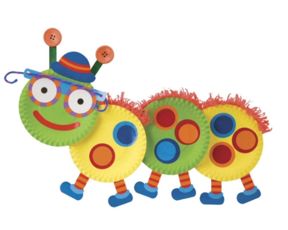 Colorful caterpillar toy with buttons and a hat on a white background
