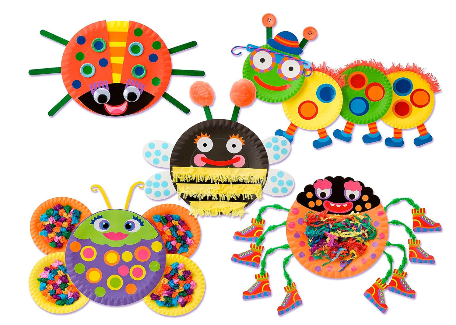 Colorful insect-themed craft items on a white background