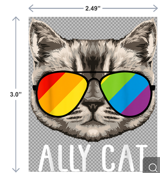 3-inch UV-DTF sticker of a cat in rainbow sunglasses with the words Ally Cat in bold text