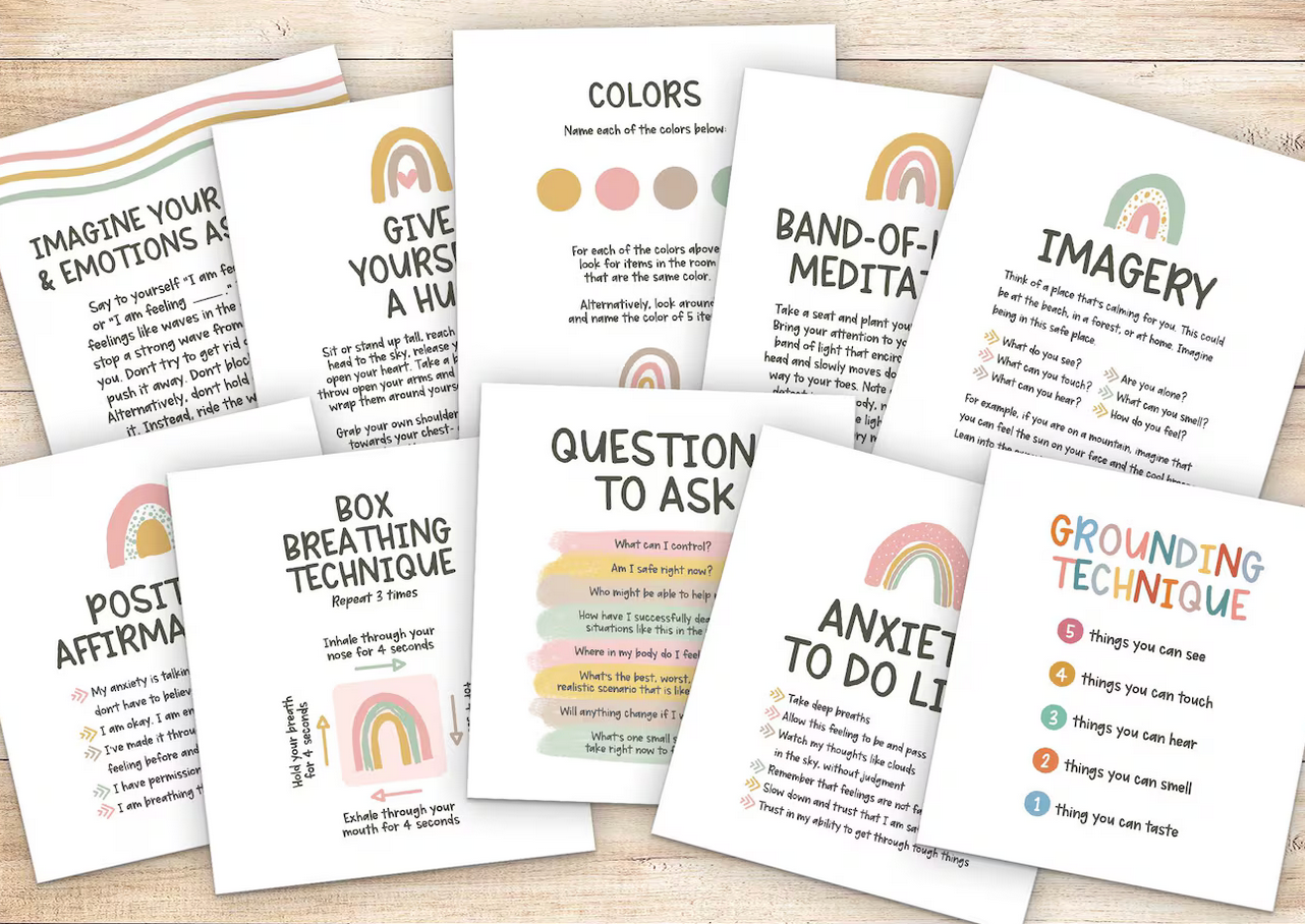 Set of flash cards with CBT and DBT anxiety coping skills, mindfulness exercises, and mental health affirmations