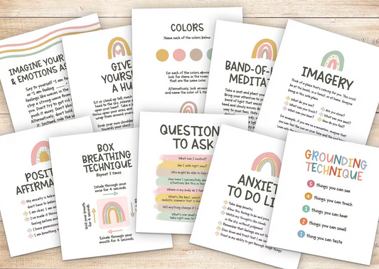 Set of flash cards with CBT and DBT anxiety coping skills, mindfulness exercises, and mental health affirmations