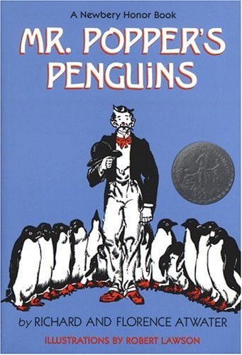 Cover of Mr. Popper's Penguins by Richard and Florence Atwater, featuring a group of penguins surrounding Mr. Popper in a snowy setting.