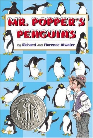 Cover of Mr. Popper's Penguins by Richard and Florence Atwater, featuring a group of penguins surrounding Mr. Popper in a snowy setting.