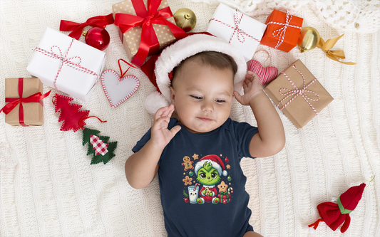 Baby bodysuit featuring an image of the Baby Grinch, perfect for a festive infant holiday outfit