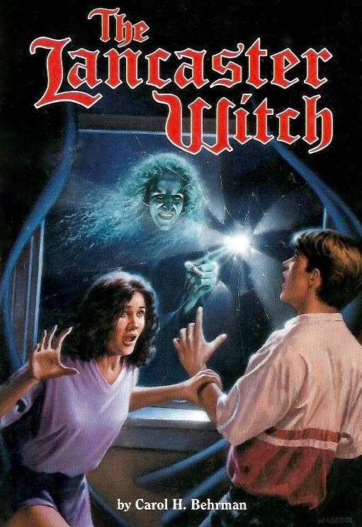 Book cover of 'The Lancaster Witch' with two women and a ghostly figure.