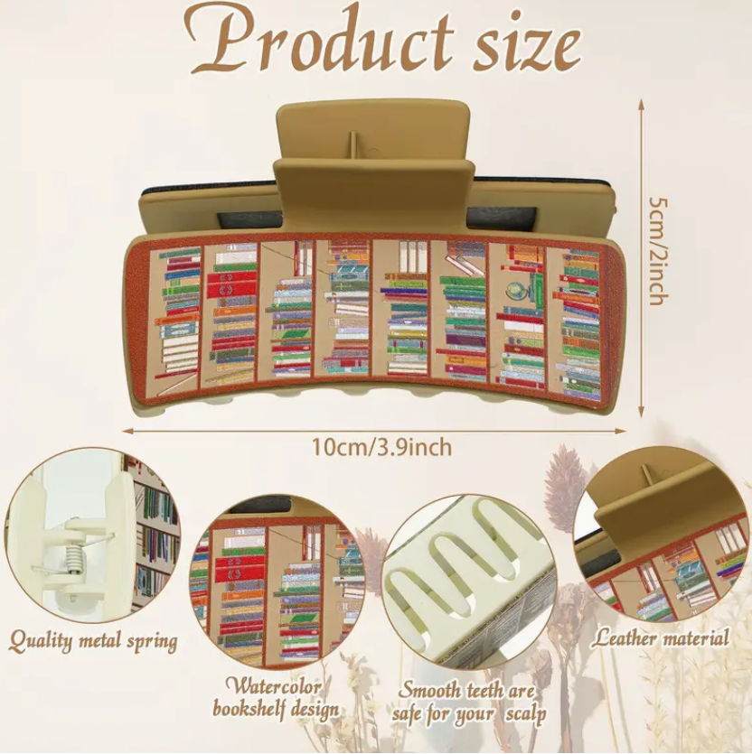 Product size chart with a bookshelf-shaped comb and features highlighted.