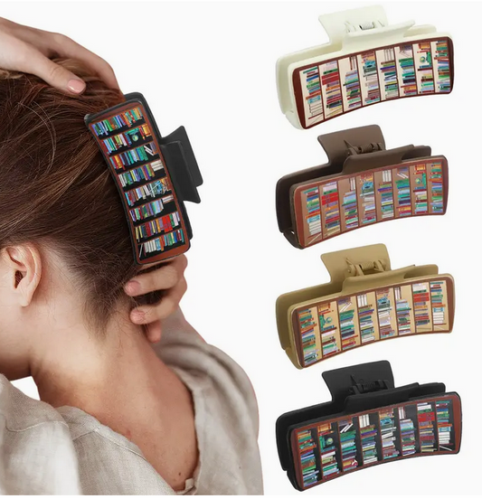 Neutral-toned bookshelf hair claw clip with watercolor book design, approximately 4″ long, suitable for updos