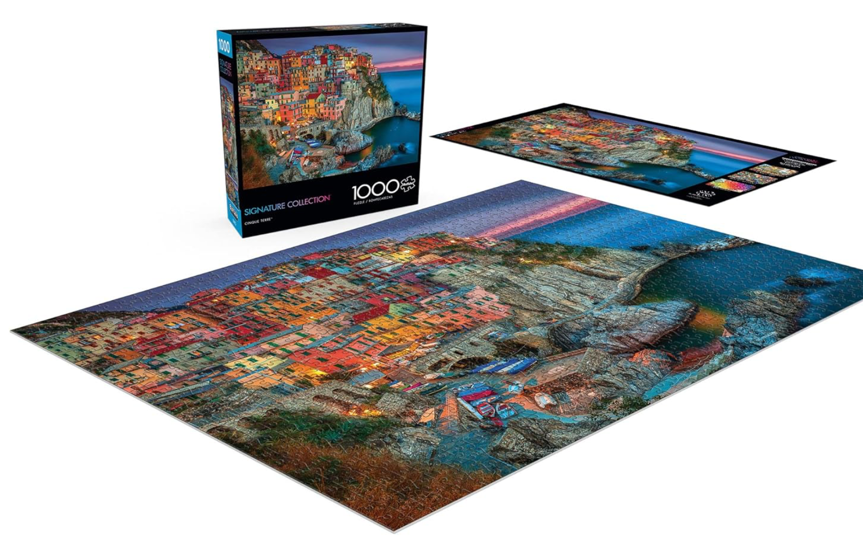 Jigsaw puzzle with completed pieces and packaging on a white background