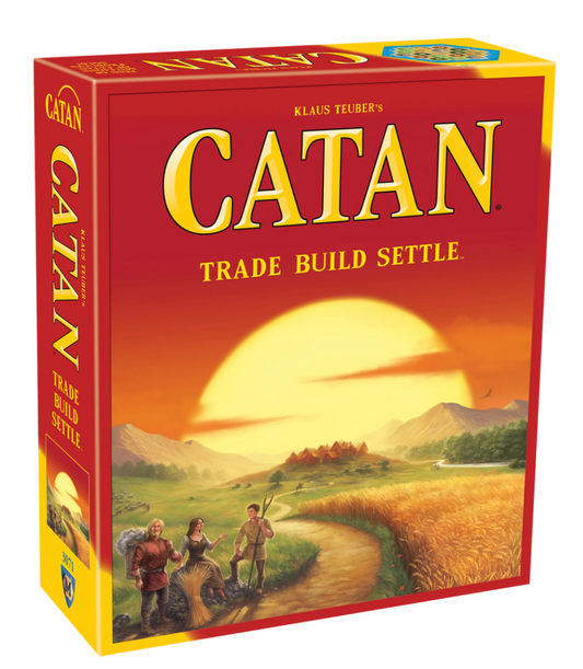 Board game box for 'Catan' with a sunset over a landscape and characters on a path.