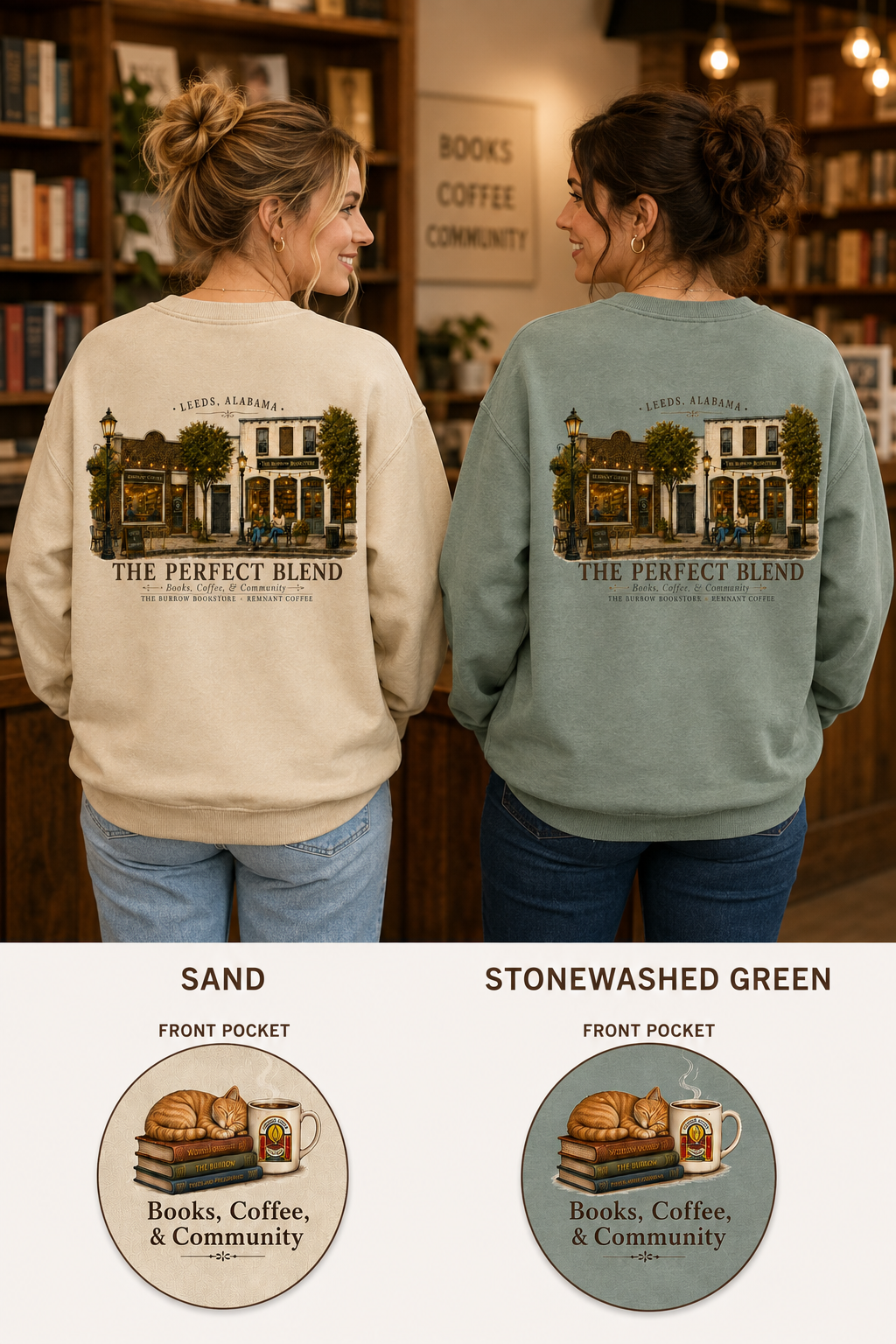 The Burrow Bookstore × Remnant Coffee collaboration apparel celebrating books coffee and community in Leeds Alabama