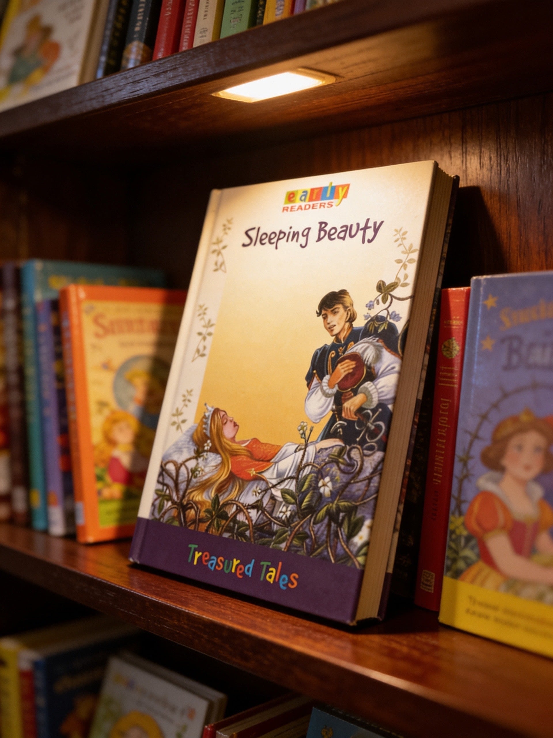 Children's book titled 'Sleeping Beauty' on a bookshelf with other books.