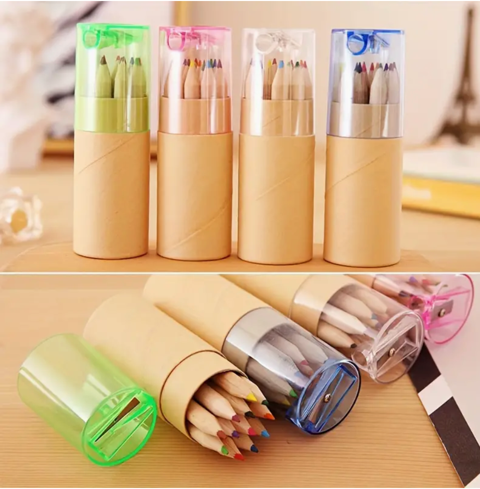 Travel-sized colored pencils for kids in assorted colors, featuring a built-in sharpener, perfect for on-the-go art projects.