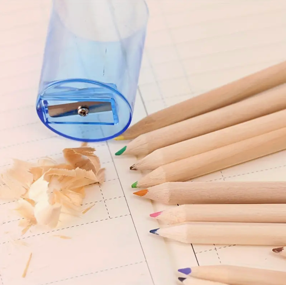 Travel-sized colored pencils for kids in assorted colors, featuring a built-in sharpener, perfect for on-the-go art projects.