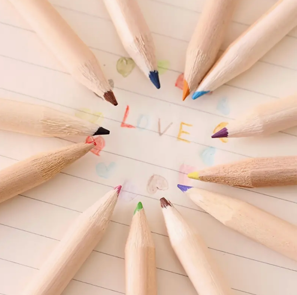 Travel-sized colored pencils for kids in assorted colors, featuring a built-in sharpener, perfect for on-the-go art projects.