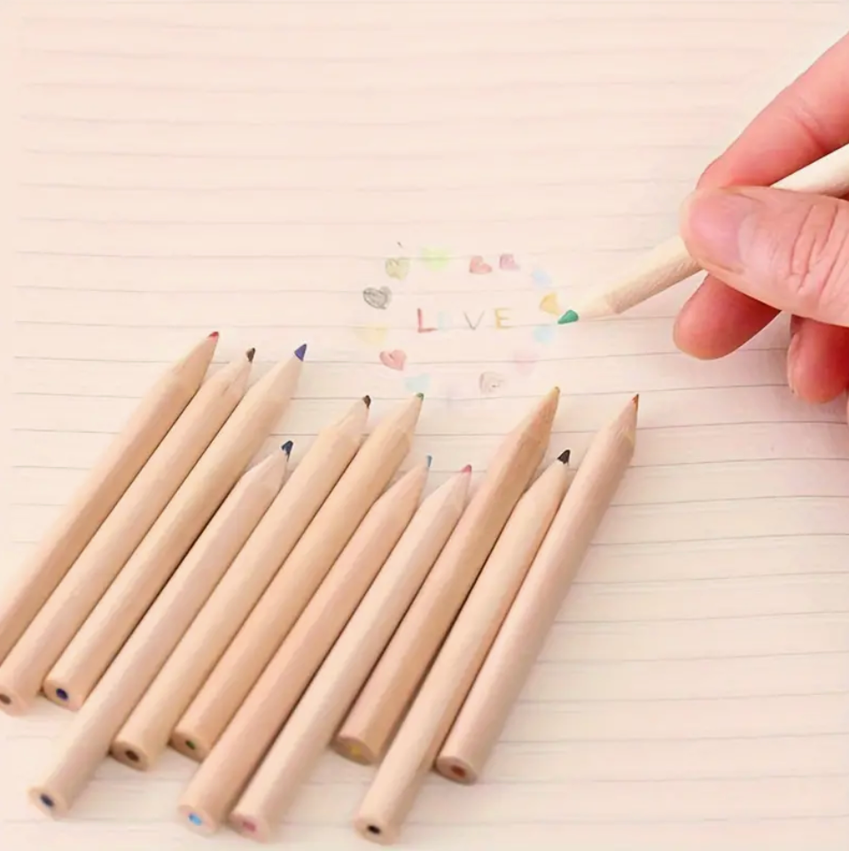 Travel-sized colored pencils for kids in assorted colors, featuring a built-in sharpener, perfect for on-the-go art projects.