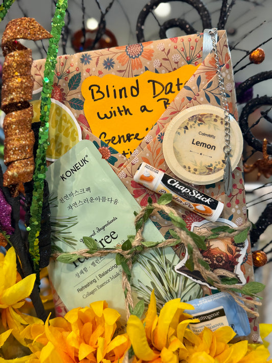 Greeting card with various items including ChapStick and Koneuk products, surrounded by decorative elements.