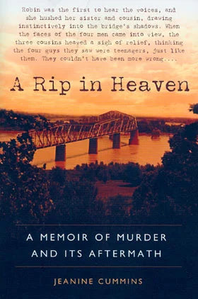 Cover of A Rip in Heaven by Jeanine Cummins, featuring a somber image reflecting the memoir's true crime narrative.