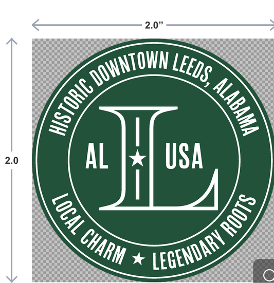 Circular logo with text and a stylized 'AL' for Historic Downtown Leeds, Alabama.