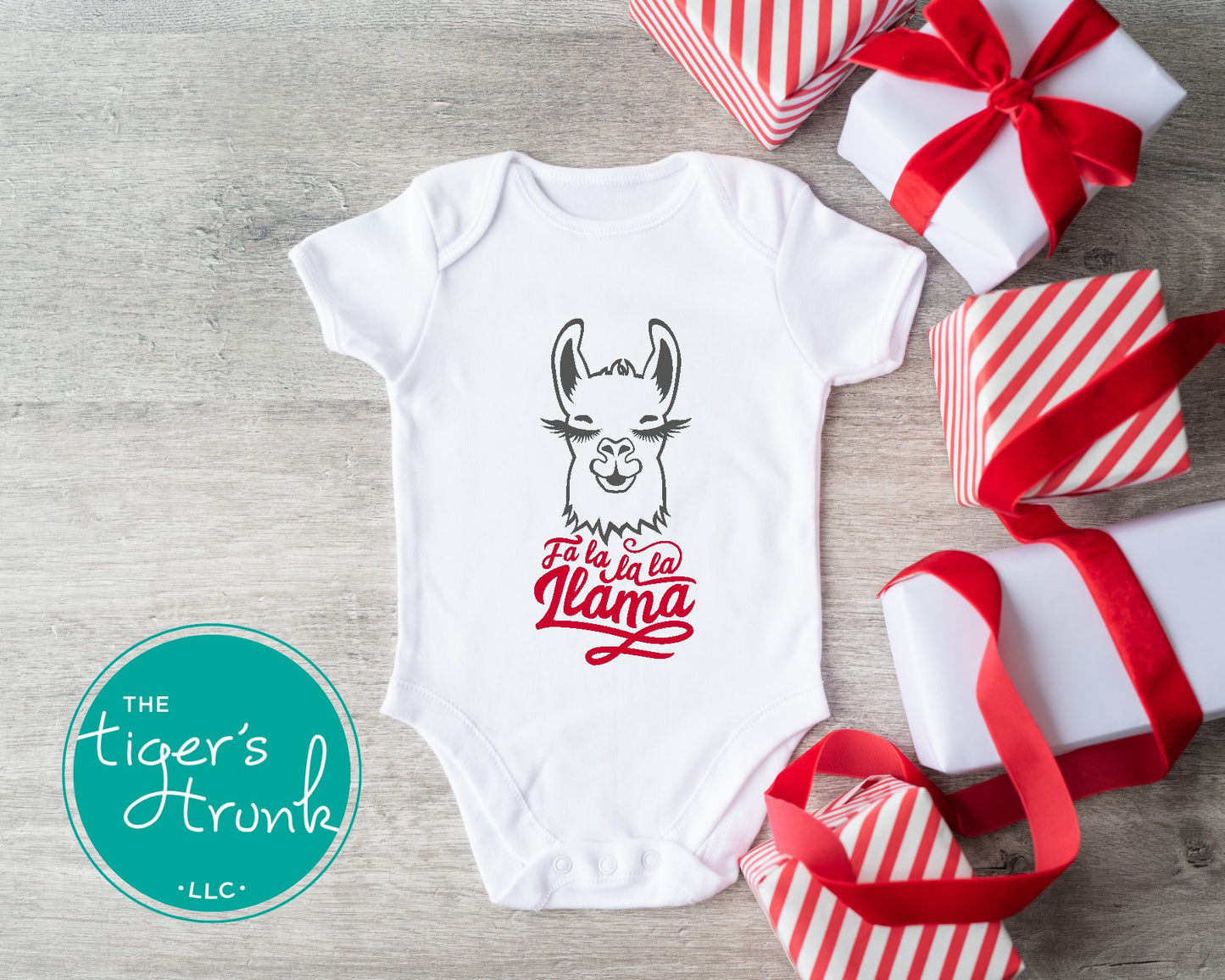 Baby bodysuit featuring the phrase Fa La La La Llama with a festive llama graphic, ideal for infant Christmas wear