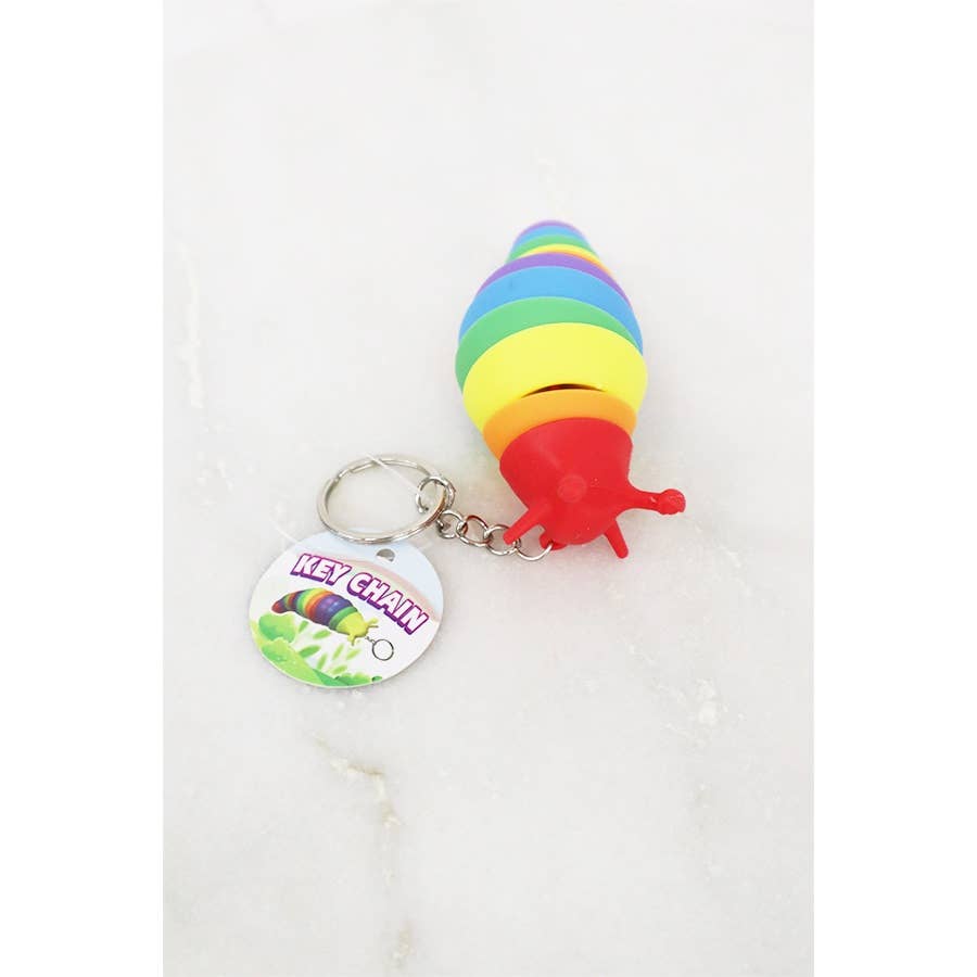 Rainbow-colored 4-inch fidget slug keychain with articulated body for stress relief and sensory play