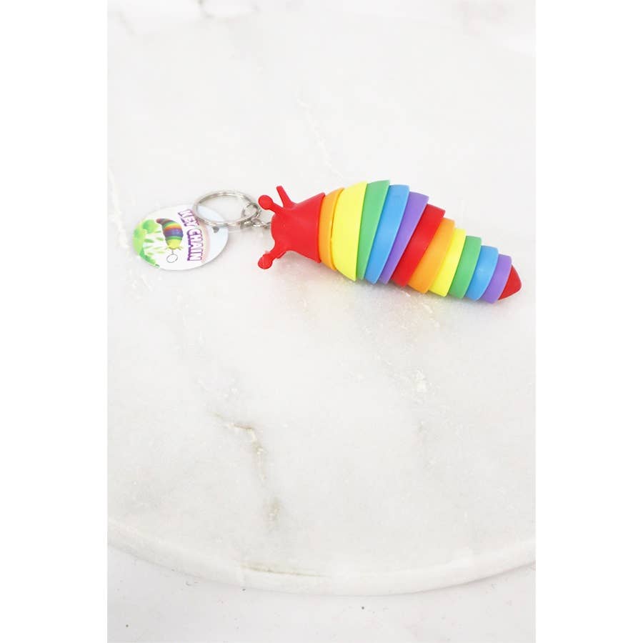 Rainbow-colored 4-inch fidget slug keychain with articulated body for stress relief and sensory play