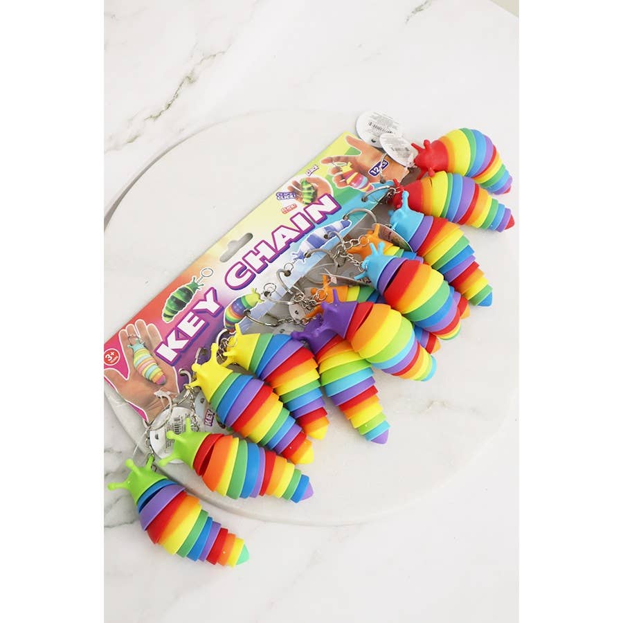 Rainbow-colored 4-inch fidget slug keychain with articulated body for stress relief and sensory play