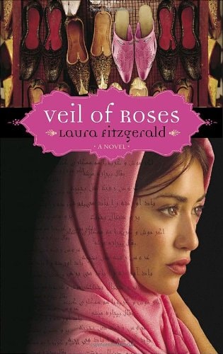 Cover of Veil of Roses by Laura Fitzgerald, featuring a young Iranian woman in a pink headscarf, set against a backdrop of colorful shoes symbolizing cultural transition.