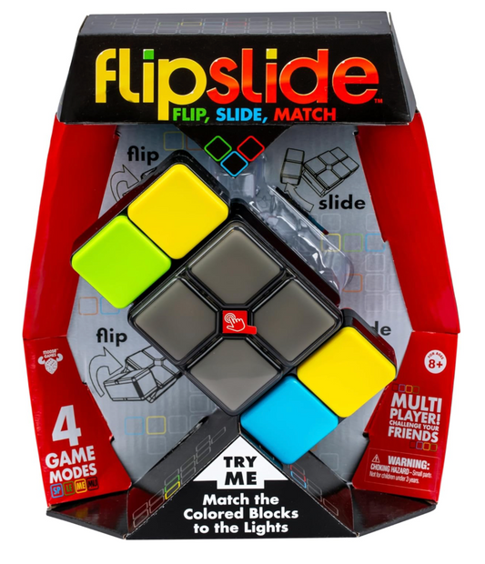 Flipslide puzzle game packaging with colorful blocks and text on a white background