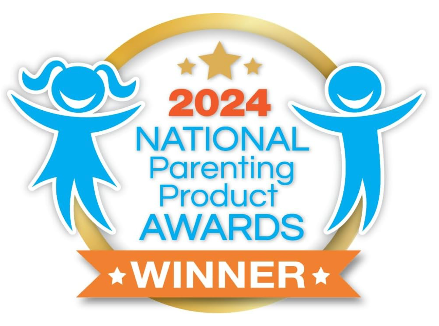 2024 National Parenting Product Awards winner logo with blue figures and orange text on a white background