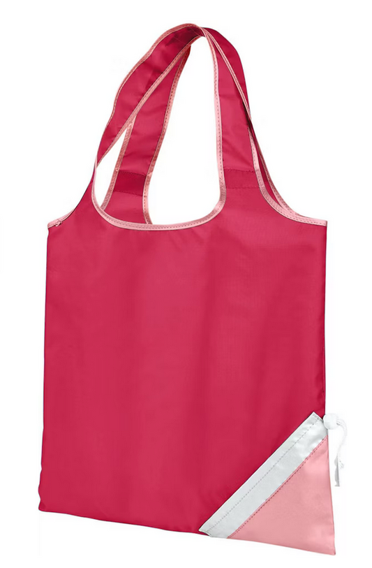 Foldaway shopper tote made of Denier polyester with 18-inch straps, shown folded and unfolded
