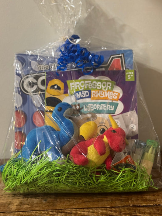  Kids gift basket including Connect 4, stuffed dragon, stuffed dinosaur, two packs of colored pencils with sharpeners, and a fun activity book.