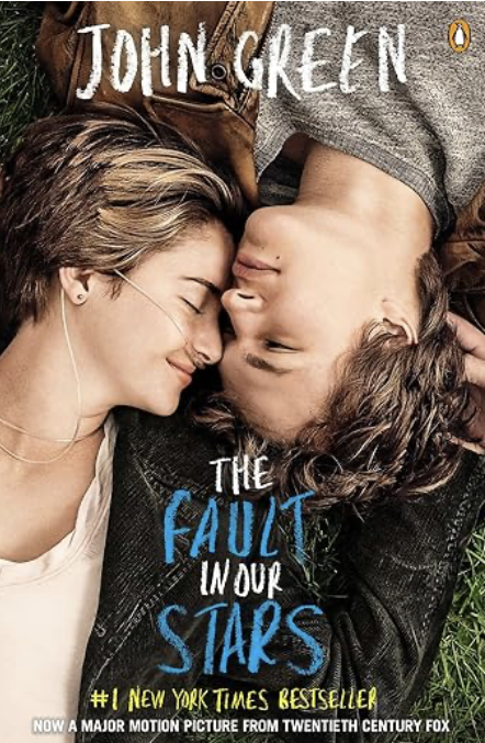 Cover of The Fault in Our Stars by John Green, featuring a blue background with a black and white cloud design.