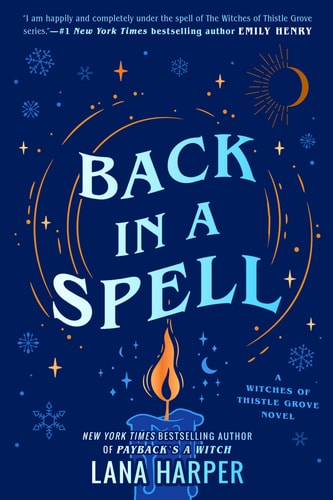 Book cover of 'Back in a Spell' with a blue background, candle illustration, and decorative elements.