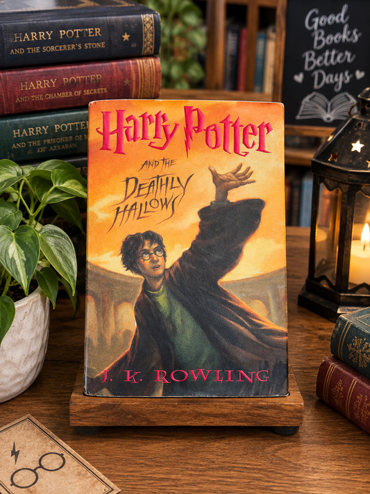 A copy of the Harry Potter and the Deathly Hallow book displayed on a wooden stand on a wooden table, surrounded by books, a potted plant, and a lantern.