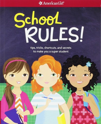 Cover of School RULES! by Emma MacLaren Henke, featuring three illustrated girls smiling against a chalkboard background with the title in bold yellow and white letters.