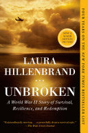 The cover of the book 'Unbroken' by Laura Hillenbrand, featuring a World War II era aircraft in flight with a clear sky background.