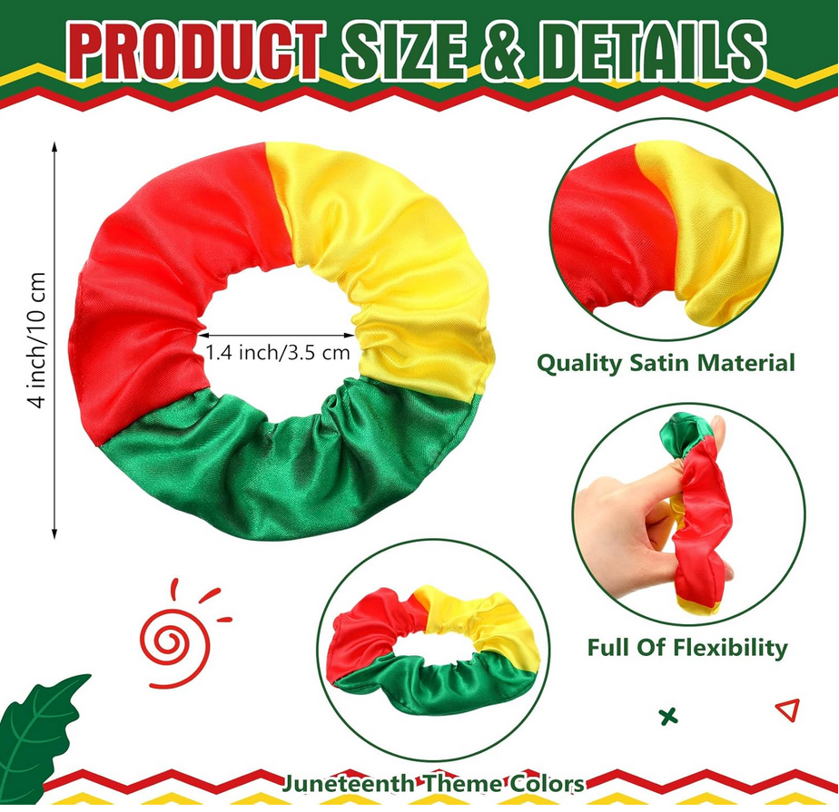 Red, yellow, and green satin hair scrunchies inspired by Juneteenth and African heritage
