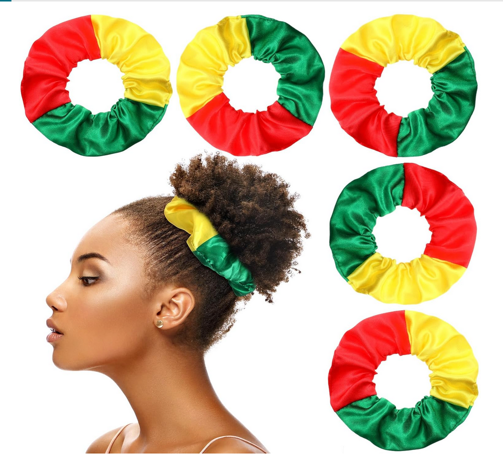 Red, yellow, and green satin hair scrunchies inspired by Juneteenth and African heritage