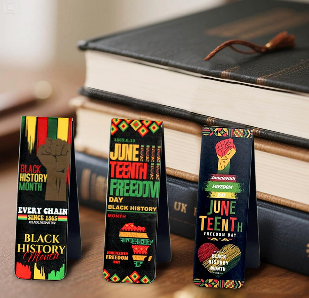 Magnetic bookmark with Juneteenth and Black History design in red, black, green, and gold
