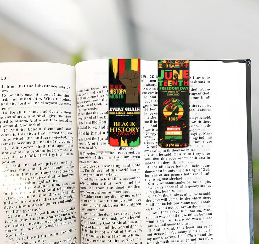 Magnetic bookmark with Juneteenth and Black History design in red, black, green, and gold