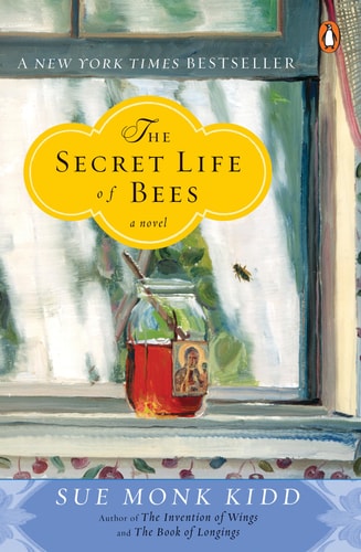Cover of The Secret Life of Bees by Sue Monk Kidd, featuring a honey jar on a windowsill with a bee hovering nearby, set against a soft, pastel background.