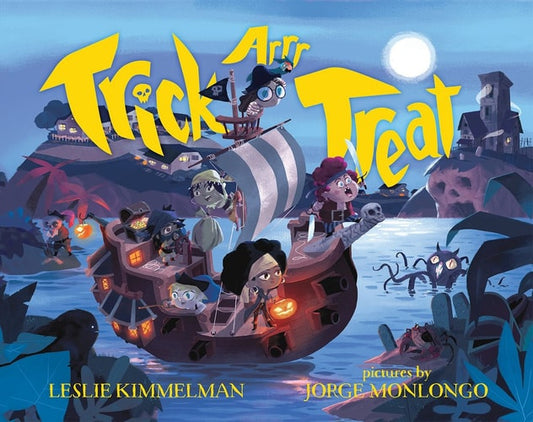 Book cover of 'Trick or Treat' with a pirate ship and Halloween-themed characters.