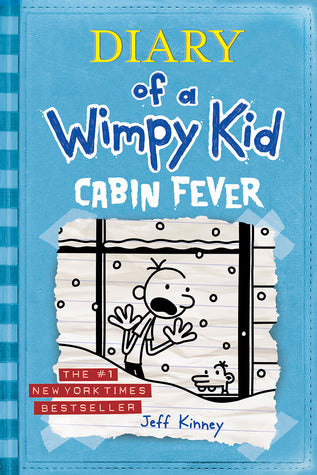 Book cover of 'Diary of a Wimpy Kid: Cabin Fever' by Jeff Kinney with a blue background and cartoon character.