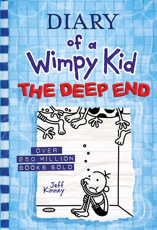Cover of Diary of a Wimpy Kid: The Deep End by Jeff Kinney, featuring Greg Heffley submerged in water with floating objects around him