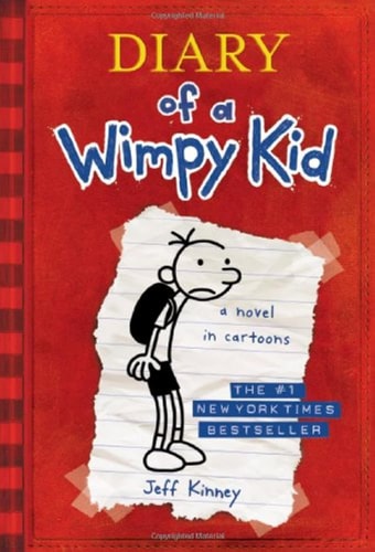 Cover of 'Diary of a Wimpy Kid, Book 1' featuring a cartoon illustration of a boy and a school setting, with the author's name, Jeff Kinney, at the top.