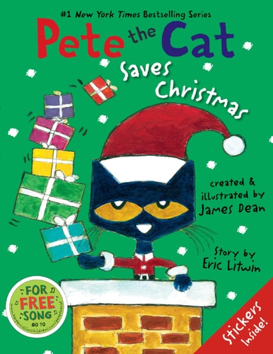 Front cover of Pete the Cat Saves Christmas by Eric Litwin featuring Pete wearing a Santa hat and driving a van filled with presents