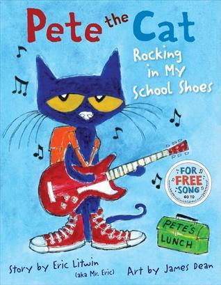 Cover of Pete the Cat: Rocking in My School Shoes by Eric Litwin, illustrated by James Dean, featuring Pete the Cat playing a red electric guitar while wearing red high-top sneakers.