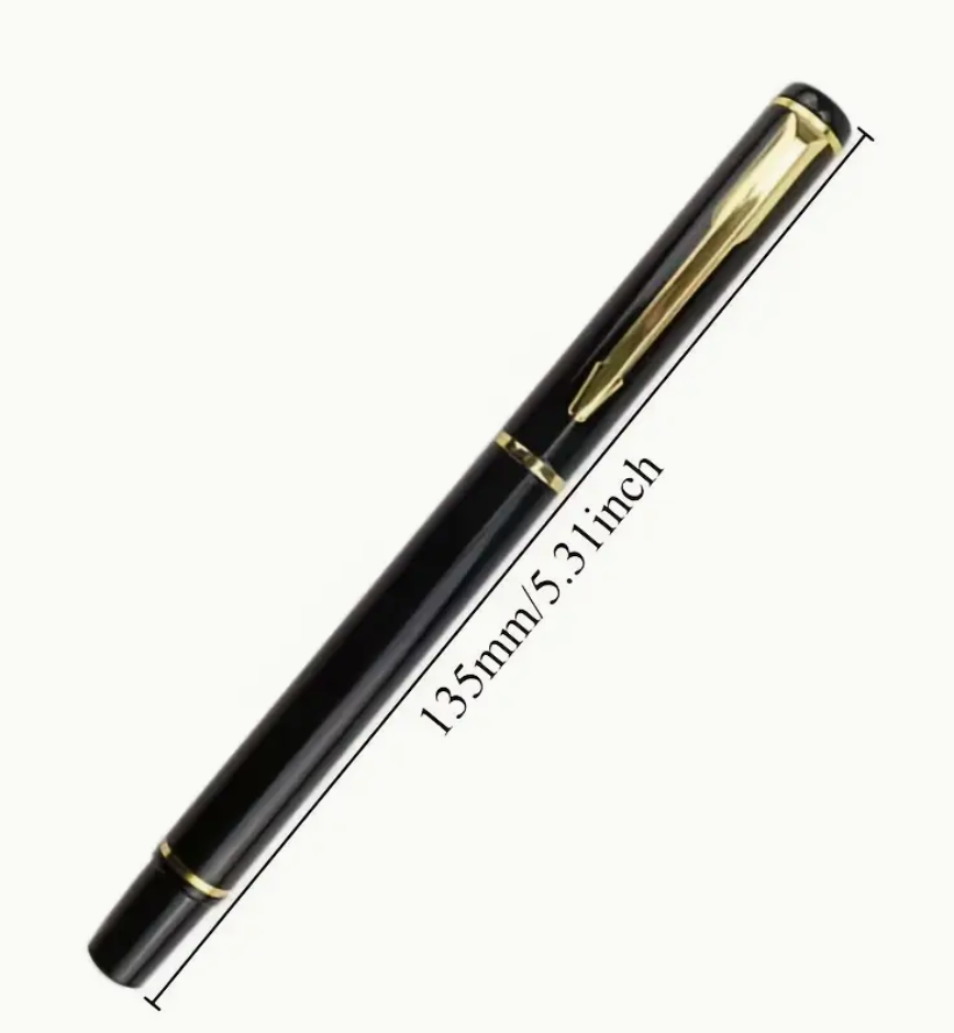 Black and gold metal ballpoint pen with detachable cap shown closed and open for writing