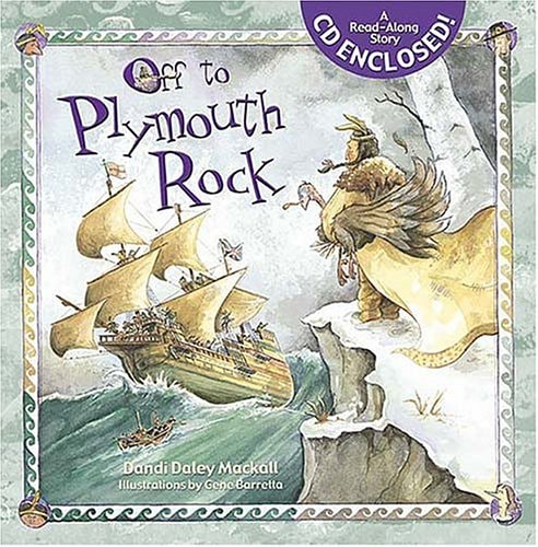 Book cover of 'Off to Plymouth Rock' with illustrations of a ship and statue on a rock.